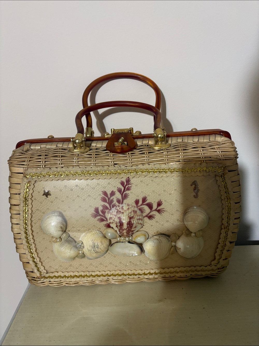 Woven Cream Princess Charming Seashell-Decor Clutch with Tortoiseshell Handles